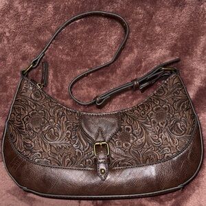 Elegant Brown Floral Embossed Shoulder Bag